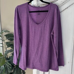WOOLX Women’s Size 1X Purple Striped Long Sleeve V-Neck Shirt Merino Wool Blend